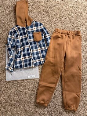 SHEIN Blue White Brown Plaid Hooded Jacket with Tan Joggers Set